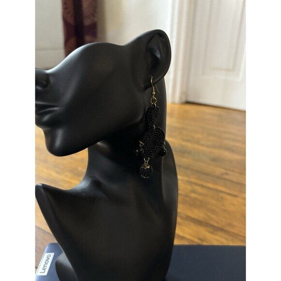 Beaded Drop Earrings Black, Seed Beaded Disc Drop Earrings, Statement 3.5” - Picture 5 of 10